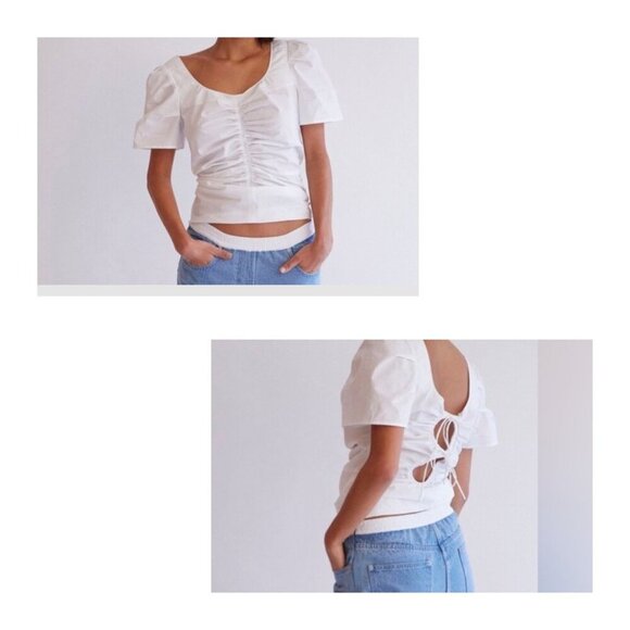NWT Ruched White Open‎ Back Top By Thakoon Size 8 100% Cotton Short Puff Sleeves - Picture 1 of 11